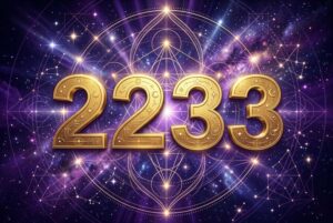Symbolische Darstellung der Engelszahl 2233 mit leuchtenden Zahlen, die Vertrauen in die eigenen Fähigkeiten und persönliche...