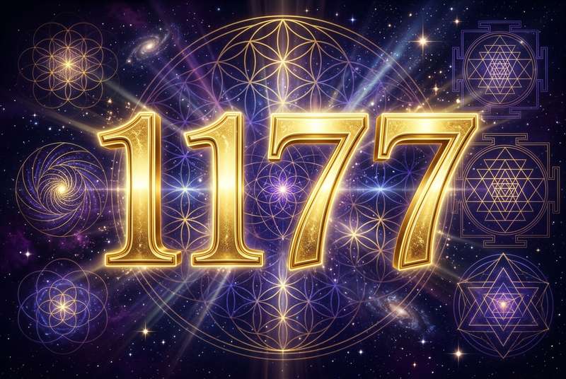 Symbolische Darstellung der Engelszahl 1177 mit leuchtenden Ziffern, die spirituelle Botschaften über Charakterentwicklung und...