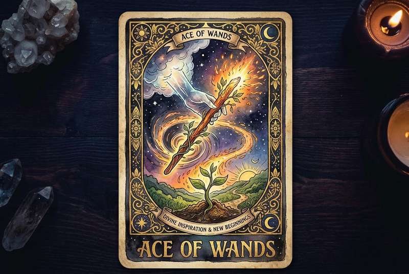 Tarot-Karte Ass der Stäbe zeigt eine Gotteshand, die einen leuchtenden Stab aus den Wolken reicht, symbolisierend für...