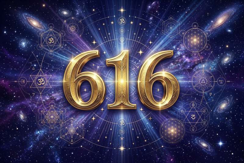 Symbolische Darstellung der Engelszahl 616 mit leuchtenden Zahlen zur Förderung innerer Weisheit und spiritueller Entwicklung.