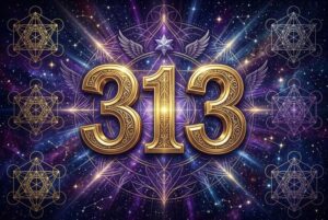Symbolische Darstellung der Engelszahl 313 mit leuchtenden Ziffern, die spirituelle Energie und persönliche Transformation...