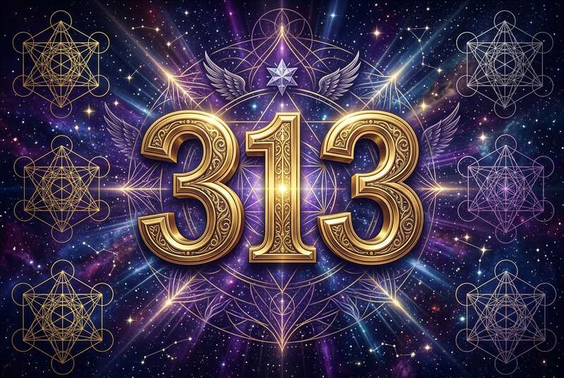 Symbolische Darstellung der Engelszahl 313 mit leuchtenden Ziffern, die spirituelle Energie und persönliche Transformation...