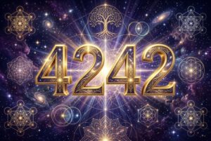 Abstrakte Darstellung der Zahlenfolge 4242 mit mystischen Lichtelementen und Symbolen für Stabilität und spirituelle Führung.
