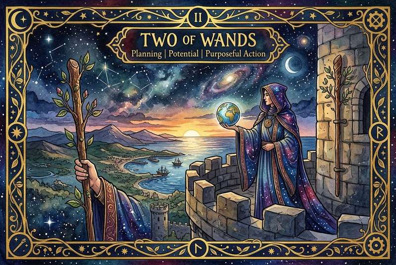 Tarot-Karte Zwei der Stäbe zeigt einen Mann, der zwei Stäbe hält und in die Ferne blickt, symbolisierend für strategische...