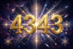 Mystische Zahlenfolge 4343 in leuchtenden Farben vor spirituellem Hintergrund mit symbolischen Elementen der Numerologie.
