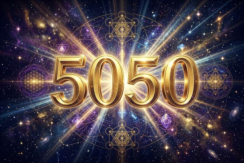 Symbolische Darstellung der Engelszahl 5050 mit spirituellen Elementen zur Veranschaulichung ihrer Bedeutung für Liebe und...