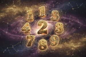 Verschiedenfarbige Zahlen und symbolische Zeichen arrangiert in einer mystischen Anordnung zur Darstellung numerologischer...