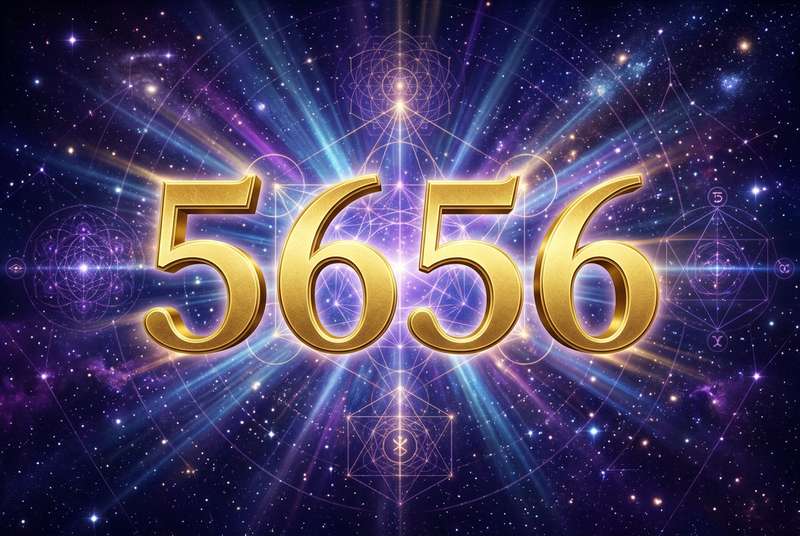 Mystische Darstellung der Engelszahl 5656 mit spirituellen Symbolen und Lichtelementen für numerologische Deutung.