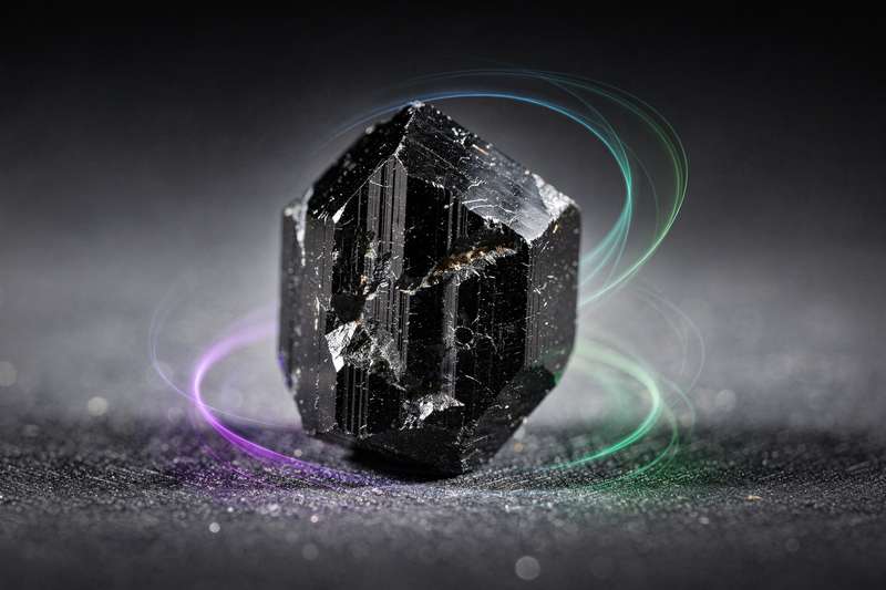 Cristal de turmalina negra pulida mostrando su brillo y estructura característica de protección energética.