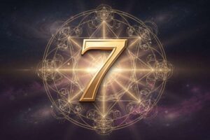 Symbolische Darstellung der Zahl Sieben mit mystischen Elementen wie Sternen, Mond und spirituellen Symbolen für persönliches...