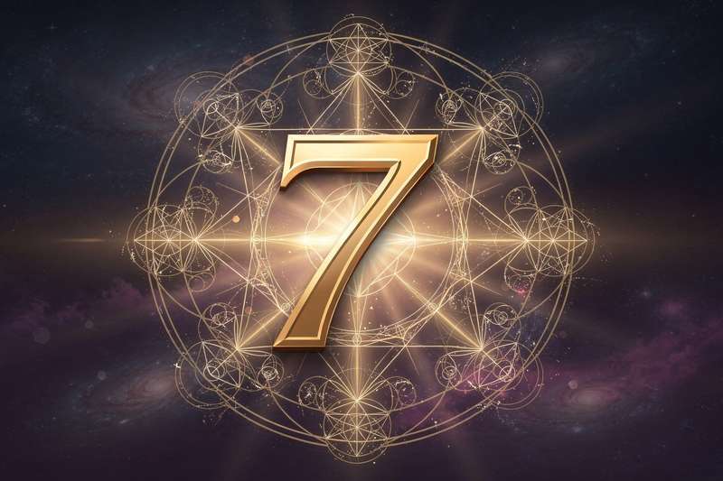 Symbolische Darstellung der Zahl Sieben mit mystischen Elementen wie Sternen, Mond und spirituellen Symbolen für persönliches...