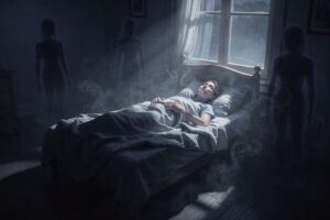 Mensch im Bett liegt bewegungslos da, während diffuse Schatten und blaues Licht eine beklemmende Atmosphäre schaffen.
