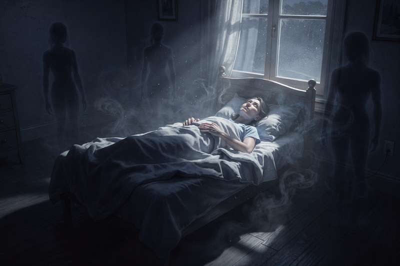 Mensch im Bett liegt bewegungslos da, während diffuse Schatten und blaues Licht eine beklemmende Atmosphäre schaffen.