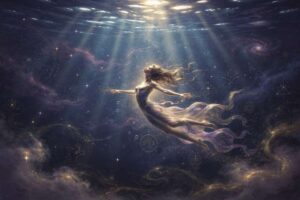 Mensch schwimmt durch klares Wasser und verkörpert Freiheit, emotionale Reinigung und spirituelle Transformation im Traum.