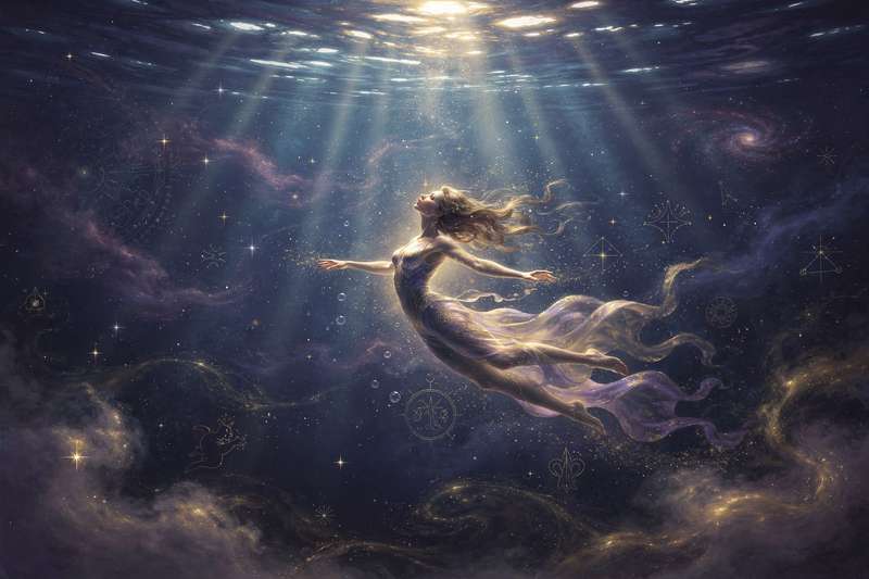 Mensch schwimmt durch klares Wasser und verkörpert Freiheit, emotionale Reinigung und spirituelle Transformation im Traum.
