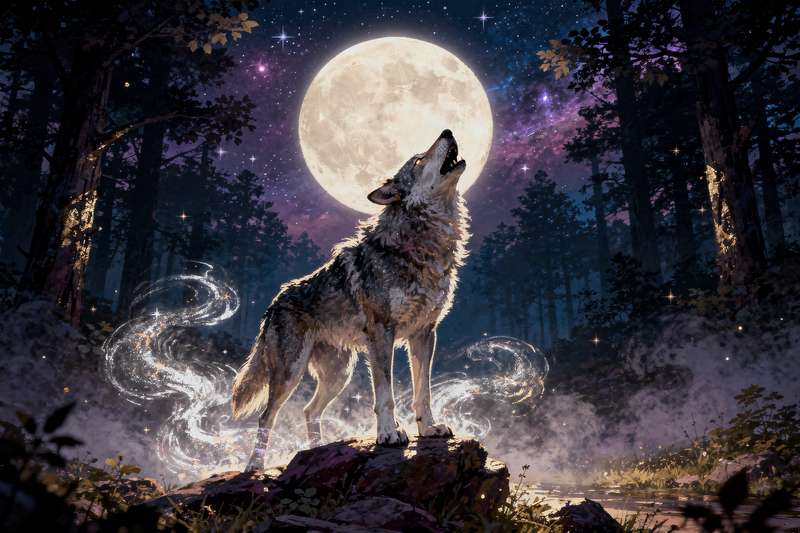 Grauer Wolf mit intensivem Blick in verschneiter Waldlandschaft bei Dämmerung.