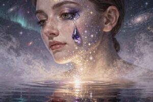 Nahaufnahme einer Träne, die über eine Wange läuft und Gefühle von Trauer, Erleichterung oder emotionaler Reinigung symbolisiert.