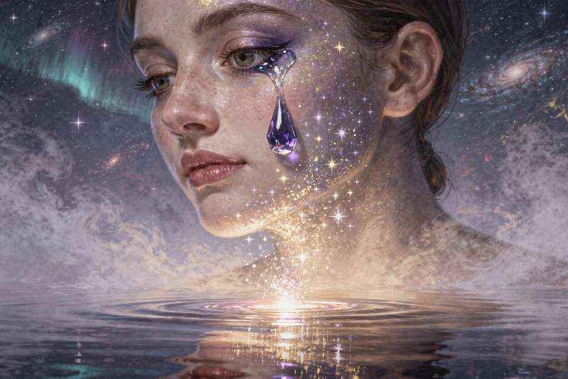 Nahaufnahme einer Träne, die über eine Wange läuft und Gefühle von Trauer, Erleichterung oder emotionaler Reinigung symbolisiert.