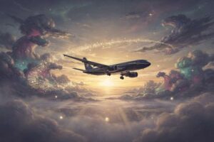 Großes Flugzeug im Flug über Wolkenlandschaft mit blauem Himmel symbolisiert Freiheit und Höhenflug.