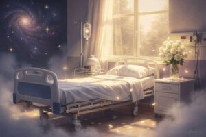 Krankenhaus mit Flur, Zimmertüren und gedimmtem Licht, das Heilung und medizinische Notwendigkeit symbolisiert.