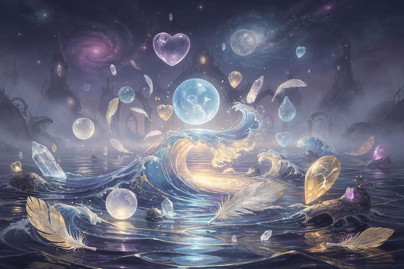 Reißender Wasserstrom überschwemmt eine Landschaft und symbolisiert unkontrollierbare emotionale Kräfte und innere...