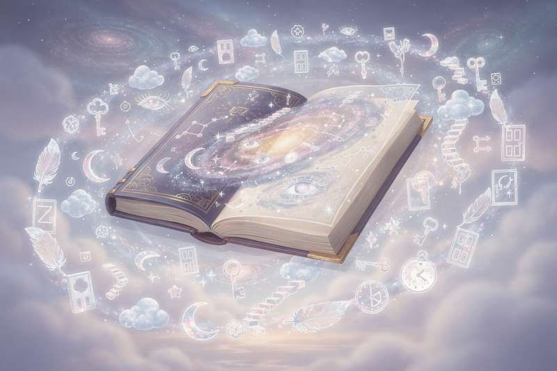 Ein aufgeschlagenes Buch mit mystischen Symbolen und leuchtenden Schriftzügen, das die verborgenen Bedeutungen von Träumen...