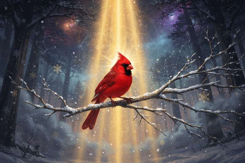 Strahlend roter Kardinal sitzt auf einem verschneiten Ast und symbolisiert Vitalität sowie spirituelle Botschaften aus höheren...