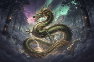 Majestätischer Drache mit ausgebreiteten Flügeln, der Kraft, Weisheit und transformative Energie symbolisiert.