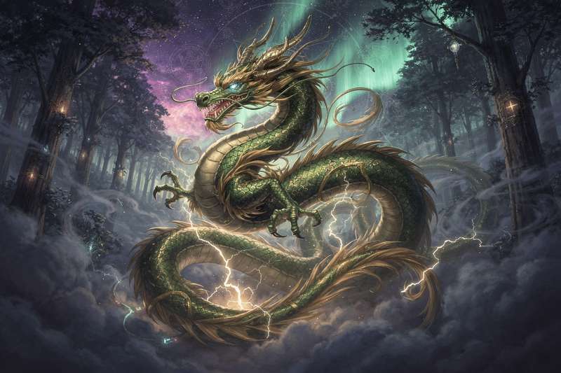 Majestätischer Drache mit ausgebreiteten Flügeln, der Kraft, Weisheit und transformative Energie symbolisiert.