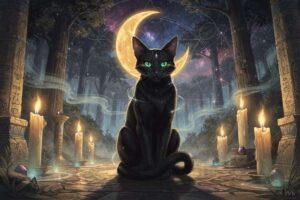 Schwarze Katze mit leuchtenden Augen sitzt im Mondlicht und verkörpert mystische Kraft und spirituelle Unabhängigkeit.