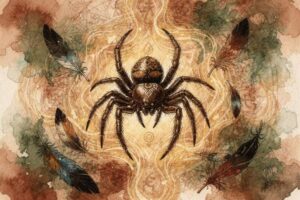 Spinne sitzt auf ihrem feinen Netz zwischen grünen Blättern und symbolisiert die Weberin des eigenen Schicksals.