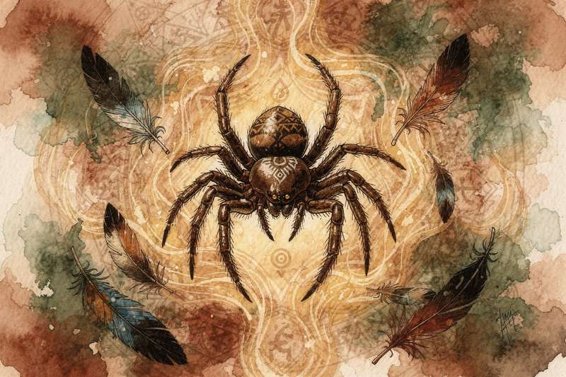 Spinne sitzt auf ihrem feinen Netz zwischen grünen Blättern und symbolisiert die Weberin des eigenen Schicksals.