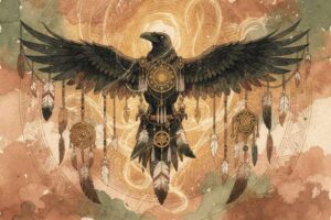 Schwarze Krähe sitzt auf einem Ast und blickt direkt in die Kamera, symbolisiert Weisheit und mystische Wandlung.