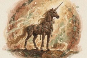 Mystisches Einhorn mit schimmerndem Horn steht in einem leuchtenden, verzauberten Wald voller magischer Energie.