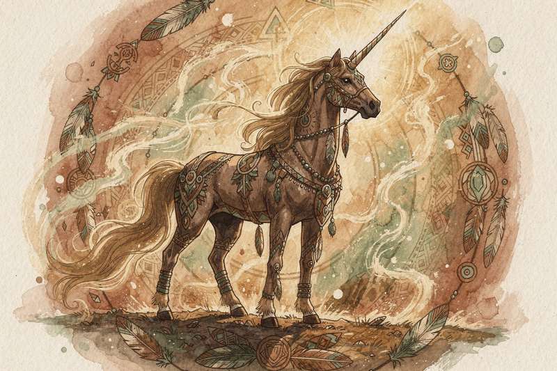 Mystisches Einhorn mit schimmerndem Horn steht in einem leuchtenden, verzauberten Wald voller magischer Energie.