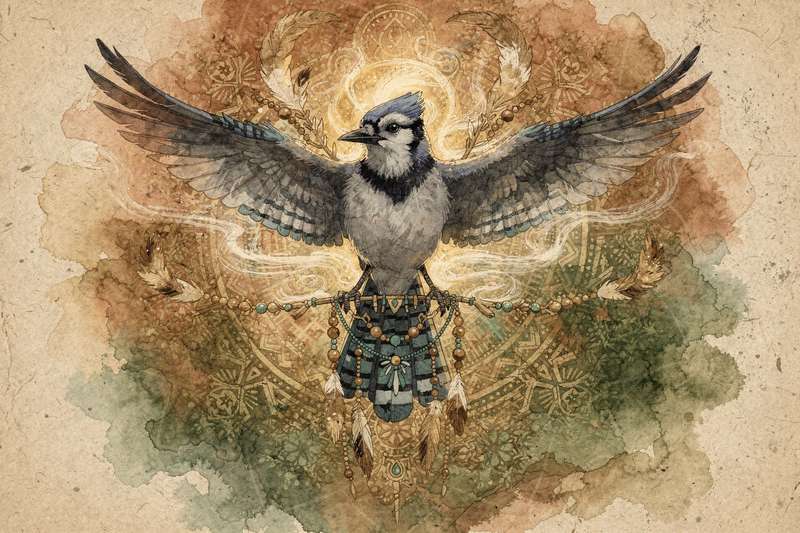 Ein blauer Vogel mit ausgeprägter Haubenzeichnung sitzt auf einem Ast und blickt direkt in die Kamera.