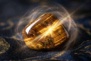 Pulida piedra de ojo de tigre con vetas doradas y marrones que refleja luz natural.