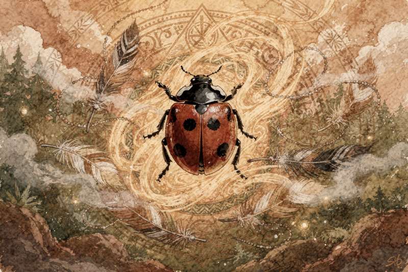 Roter Marienkäfer mit schwarzen Punkten sitzt auf einem grünen Blatt und symbolisiert Glück, Transformation und positive...