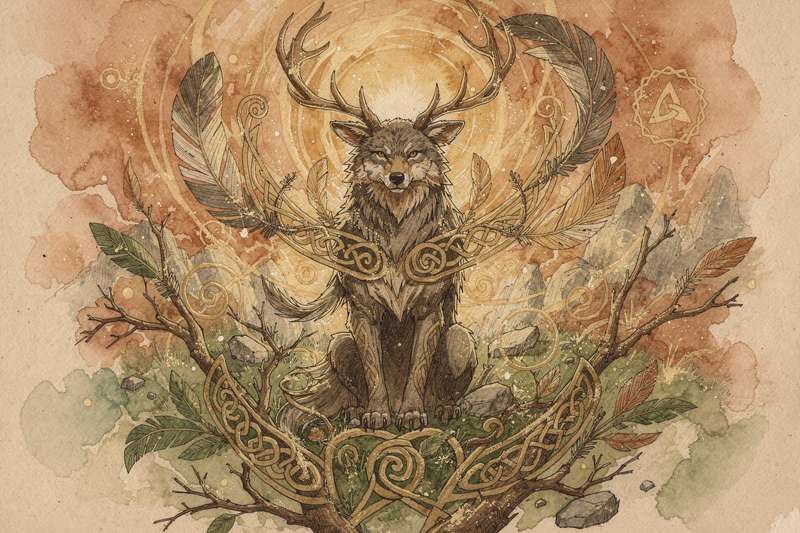 Steinerne keltische Symbole und mythologische Krafttiere in einer mystischen Waldlandschaft mit keltischen Ornamenten.