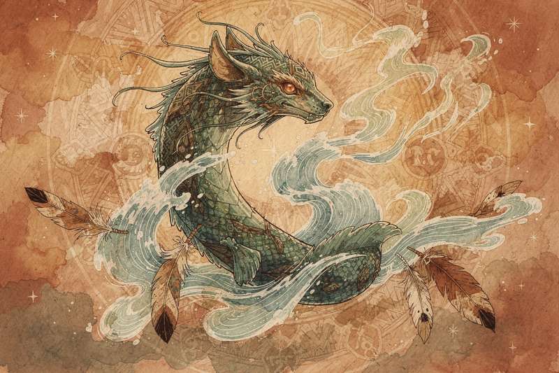 Verschiedene Wassertiere wie Delfin, Fisch und Schildkröte symbolisieren spirituelle Kräfte und Botschaften in der Natur.
