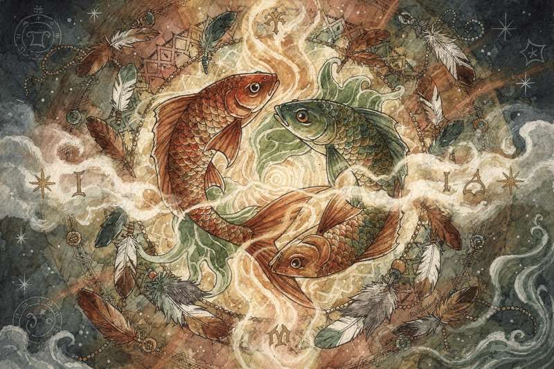 Symbolische Darstellung von Fischen als Krafttiere mit spiritueller Ausstrahlung und Tiefenwirkung.