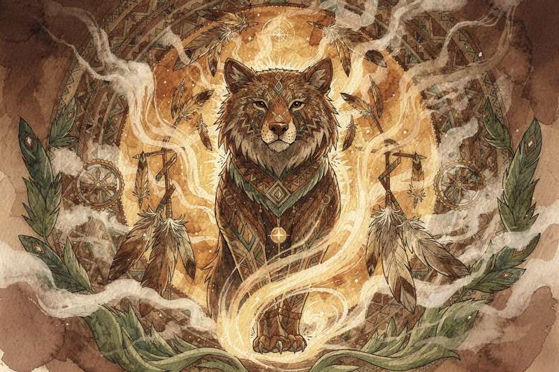Drei spirituelle Symbole aus verschiedenen Kulturen nebeneinander dargestellt, die die Konzepte von Krafttier, Totemtier und...