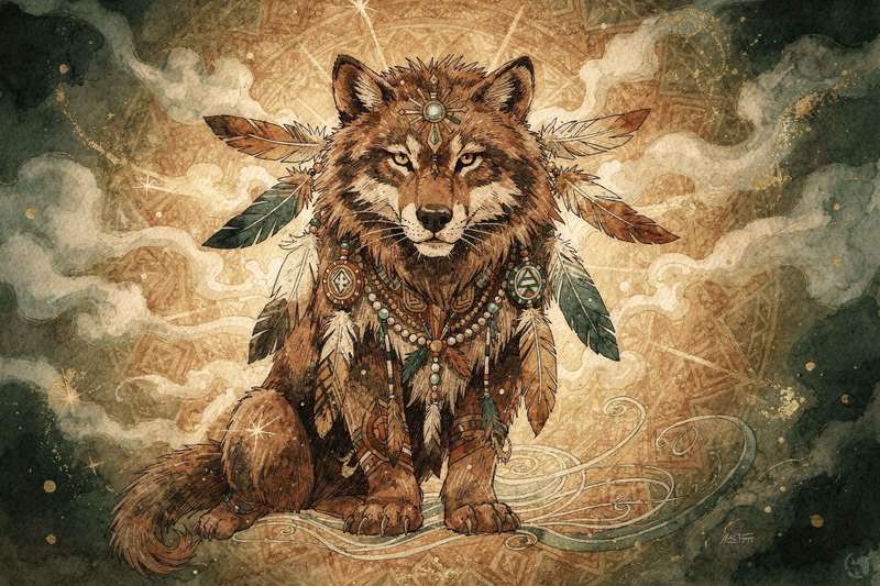 Mystische Tiergestalt erscheint in nebelhaften Traumlandschaften und symbolisiert die Verbindung zur inneren spirituellen Kraft.