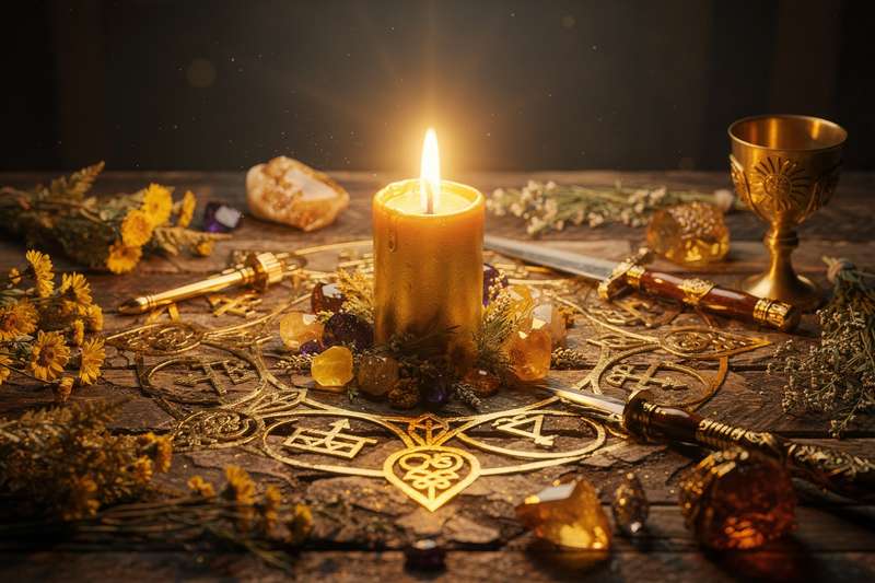 Brennende goldene Kerze in einem dunklen Raum, umgeben von Kristallen und Kräutern zur spirituellen Ritualpraktik.