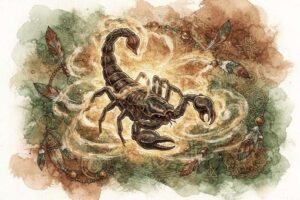 Skorpion mit erhobener Schwinge in mystischer Atmosphäre, Symbol für innere Kraft und spirituelle Wandlung.