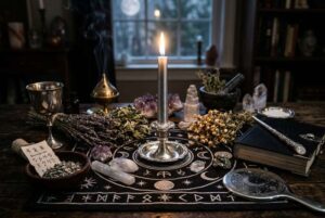 Silberfarbene Kerze brennt mit flamme auf dunklem Untergrund während eines mystischen Rituals.