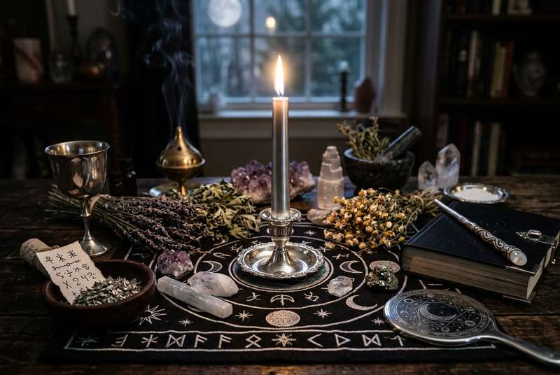 Silberfarbene Kerze brennt mit flamme auf dunklem Untergrund während eines mystischen Rituals.