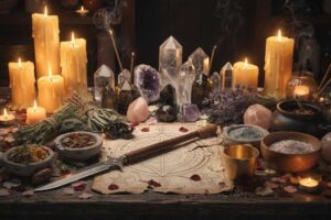Kristallkugel und Tarotkarten auf violettem Tuch neben brennenden Kerzen und getrockneten Kräutern zur Unterstützung von...
