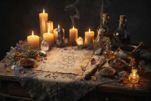 Brennende weiße Kerze auf dunklem Untergrund mit sanftem Lichtschein für magische Rituale und spirituelle Praktiken.