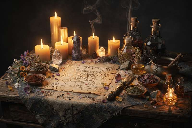 Brennende weiße Kerze auf dunklem Untergrund mit sanftem Lichtschein für magische Rituale und spirituelle Praktiken.